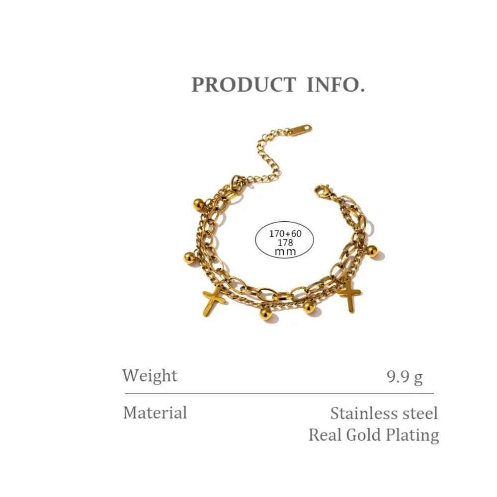 NEW 18K Gold Plated Cross Bead Link Chain Double Layer Bracelet